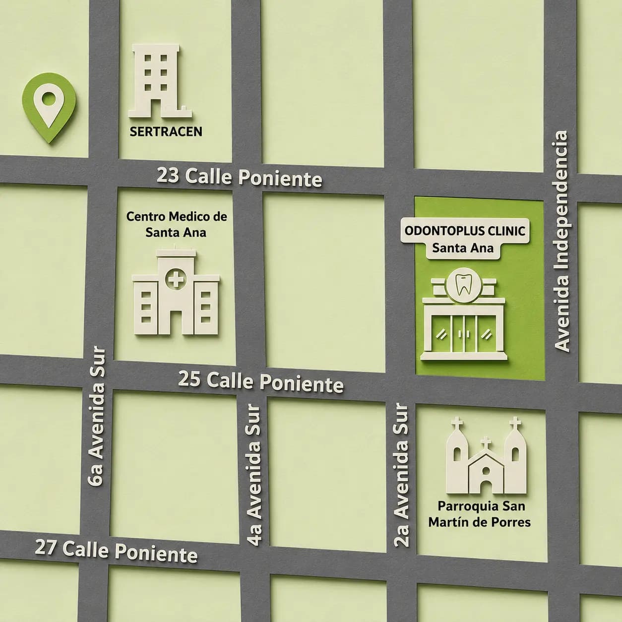 Croquis de ubicación de la sucursal Santa Ana, sobre la 25 Calle Poniente frente a la Parroquia San Martín de Porres